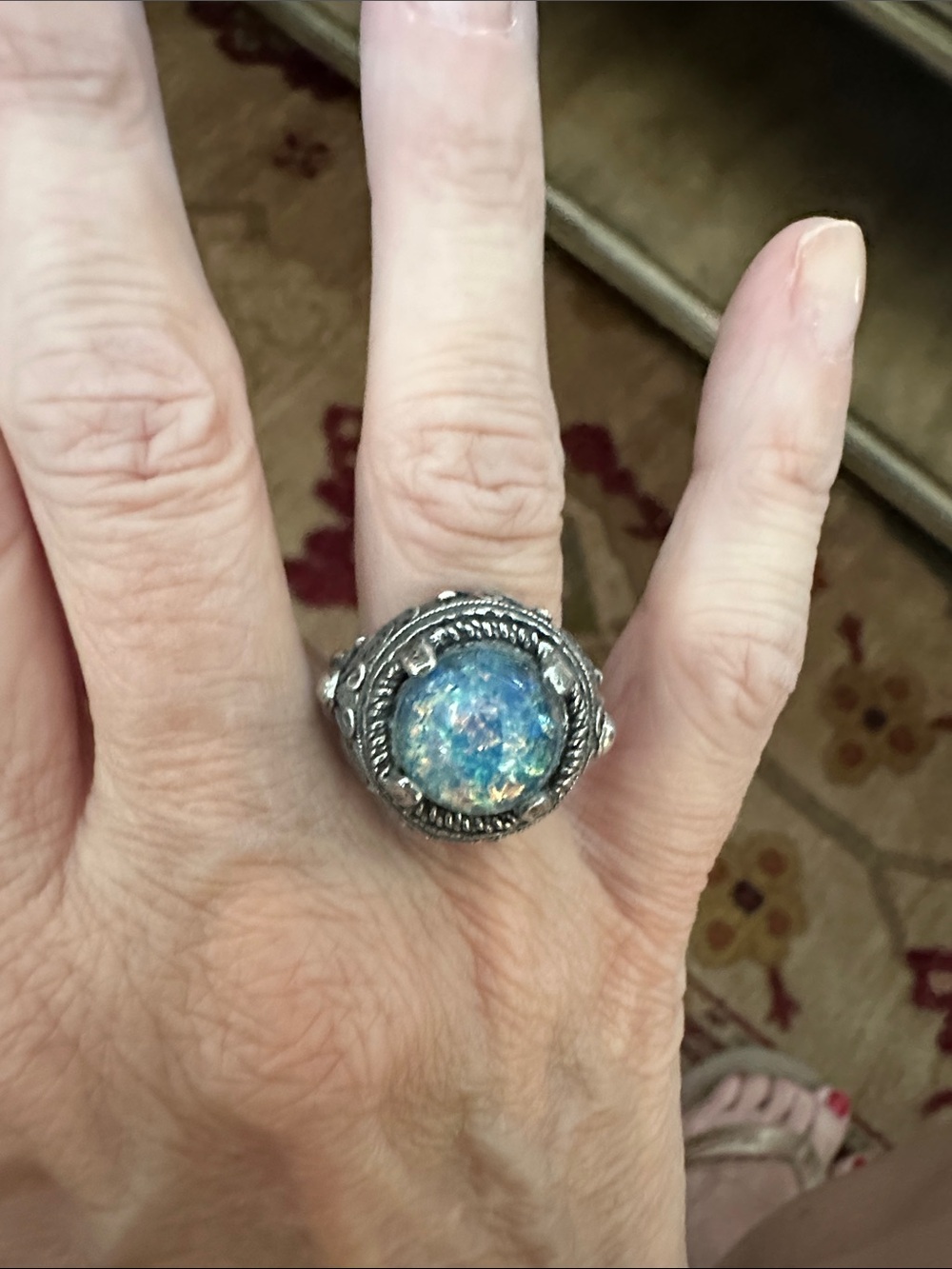 Iridescent Blue Opal Glass Dome Statement Ring - Sterling